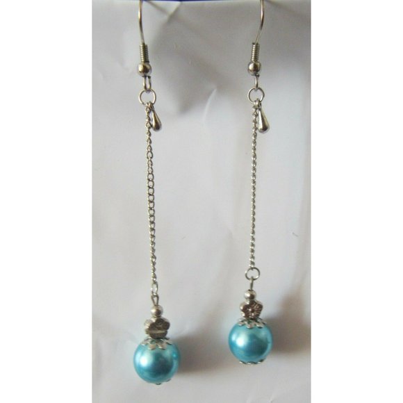 Silver and Frosted Blue Bead Dangle Fashion Earrings CA131 - Picture 2 of 7